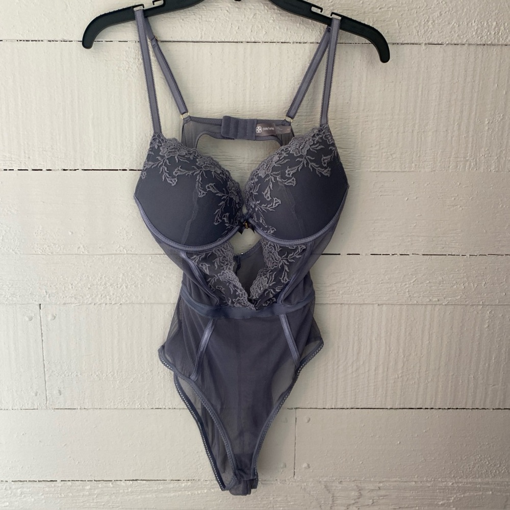 Daisy Fuentes grey lace &mesh Push-up Underwire Bodysuit/Teddy Flirty Sexy Large
